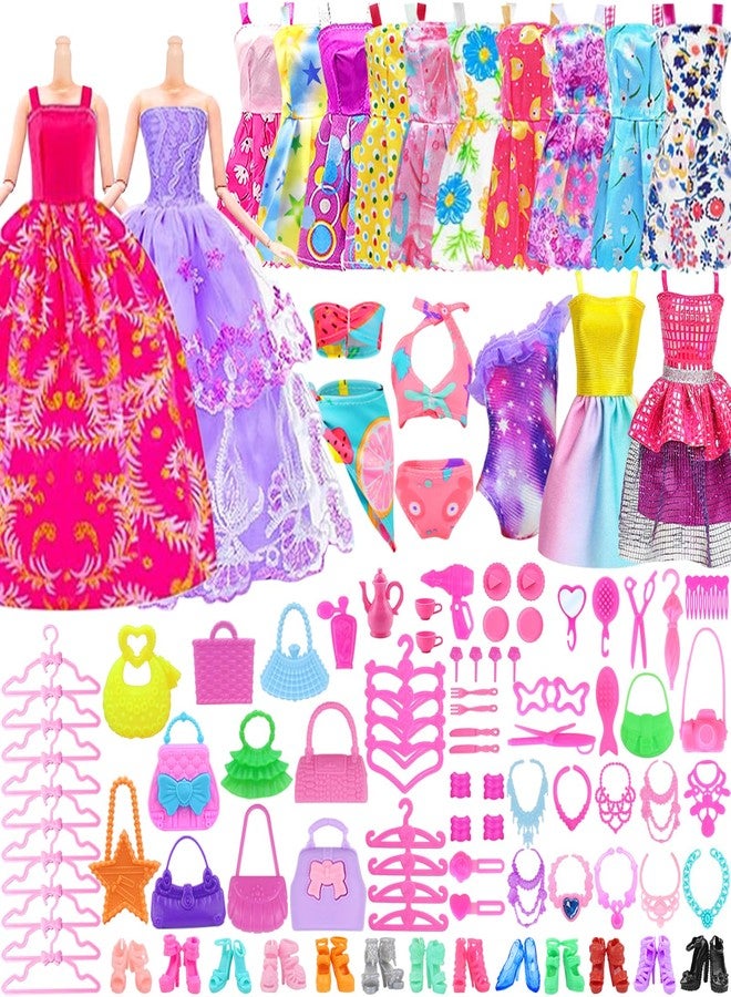 Ecore Fun 108 Pcs Doll Clothes and Accessories with Purple Doll Closet for 11.5 Inch Dolls - Including Party Dresses Fashion Dress Outfits Swimsuits Shoes Hangers Bags Necklaces - Image 4
